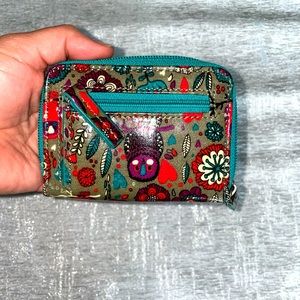EUC small wallet card coin holder teal, floral, owls